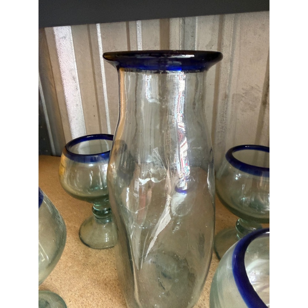 Mexican Hand Blown Glass Set 5pc Cobalt Blue Rim Pitcher and 4 Margarita Glasses - Picture 4 of 9